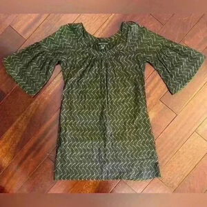 French Connection Cotton Dress Size 4 Green Grey Patterned Bell Sleeve